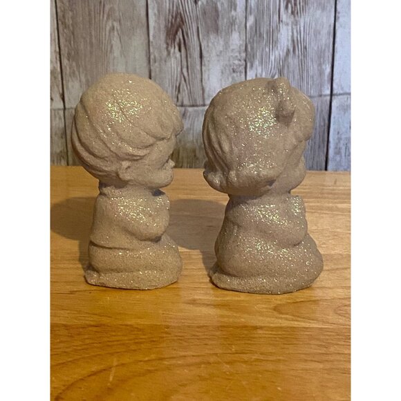 Vintage Glitter Sparkle Cement Praying Boy & Girl Figurine Set - Picture 4 of 6
